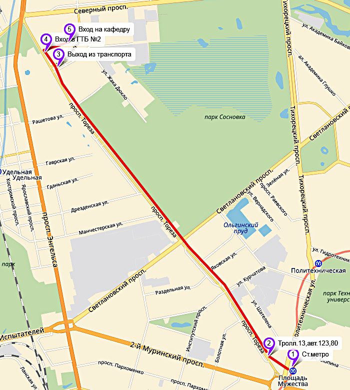 Схема транспортно-пешего маршрута от станции метро «Площадь Мужества»