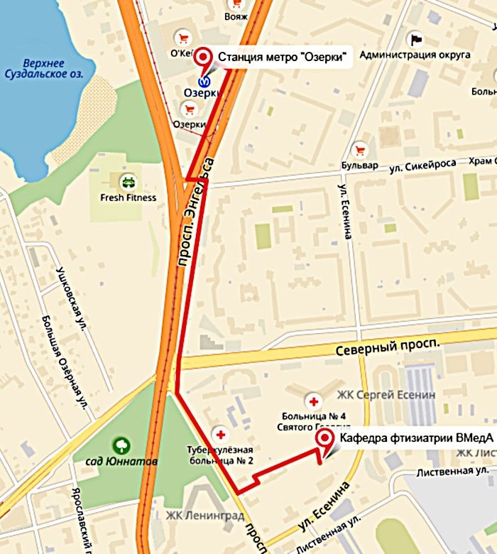 Схема пешего маршрута от станции метро «Озерки»